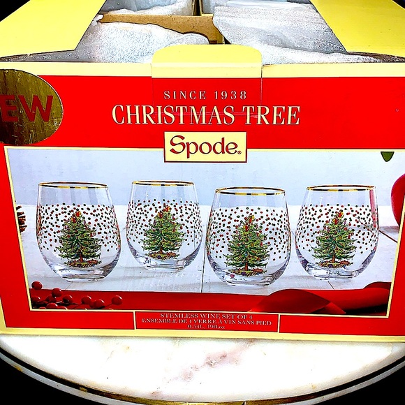 SPODE CHRISTMAS TREE STEMLESS WINE GLASSES SET OF 4 NIB 18 oz - Picture 8 of 8